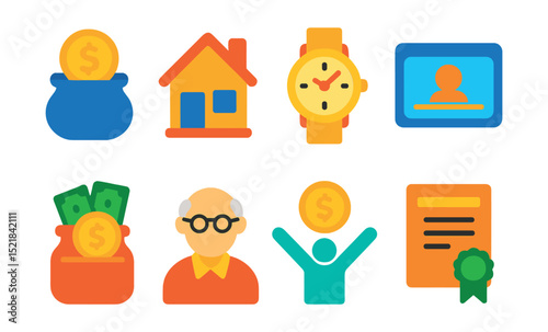 Flat vector icons of retirement and pension: pension fund, retirement home, golden watch, social security card, retirement savings plan, senior citizen, financial independence, annuity contract.