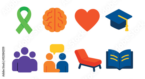 Flat vector icons of mental health awareness: ribbon, brain, heart, education, community, support group, therapy couch, open book.