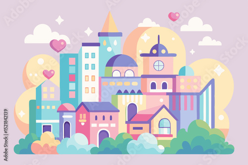 A magical fairy tale castle with pink towers stands tall, a cartoon vector illustration perfect for a princess's kingdom or a charming fantasy village landscape