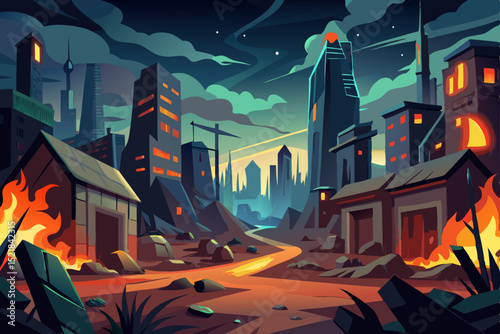 Urban night cityscape with colorful house silhouettes, grunge trees, and a moonlit sky design