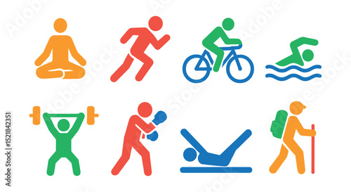 Flat vector icons of sports and exercise types: yoga pose, running silhouette, cycling rider, swimming figure, weightlifting, boxing stance, pilates movement, hiking trekker.