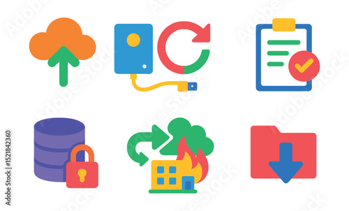 Flat vector icons of data backup and recovery: cloud backup, external hard drive, restore arrow, recovery plan, secure backup, sync process, disaster recovery, data restore.