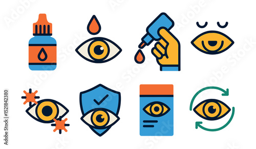 Flat vector icons of eye drops: eye drop bottle, eye with drop, application hand, soothing eye, allergy relief, eye protection, medicine box, eye care routine.