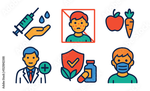 Flat vector icons of chickenpox prevention: vaccination, hygiene, isolation, healthy lifestyle, doctor visit, immune support, medicine, protective mask.