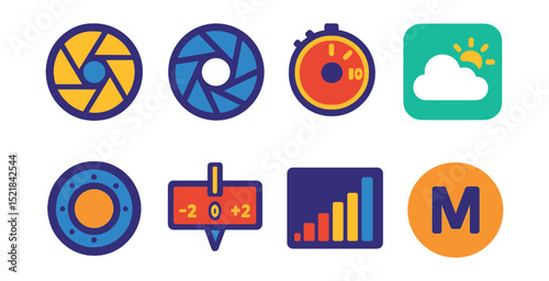 Flat vector icons of photography settings: aperture, shutter speed, ISO dial, white balance, focus ring, exposure meter, histogram graph, manual mode icon.