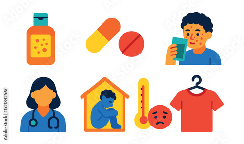 Flat vector icons of chickenpox care: soothing lotion, antihistamine, rest, hydration, doctor consultation, isolation, fever medicine, clean clothes.