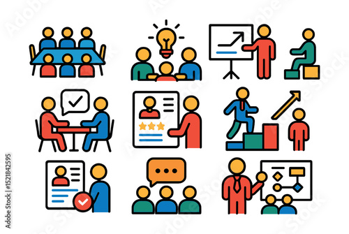 Flat vector line icons of office collaboration: conference table, team brainstorming, presentation, HR discussion, employee evaluation, career growth, resume review, group chat, leadership, project