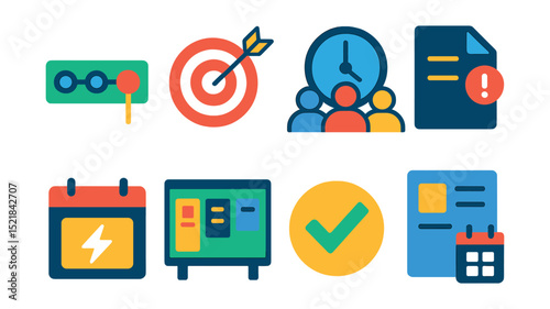 Flat vector icons of project deadlines: project timeline with deadline dot, milestone target, team meeting at clock, overdue project file, work sprint calendar, deliverables board, goal check icon,