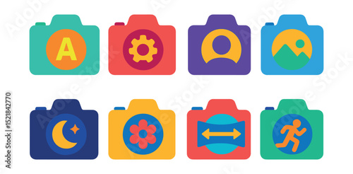 Flat vector icons of camera modes: auto mode, manual mode, portrait mode, landscape mode, night mode, macro mode, panorama mode, sports mode.