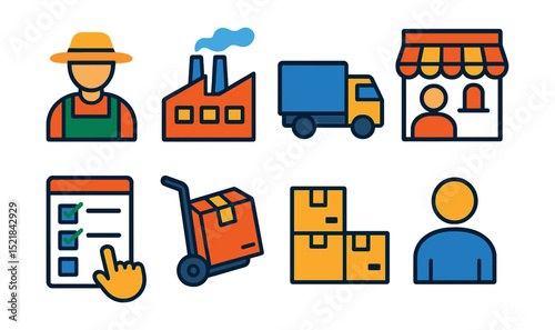 Flat vector icons of trade supply chain: supplier, manufacturer, distributor, retailer, customer, order, delivery, inventory.