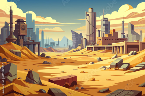 Desert city vector illustration: A vibrant urban landscape silhouette at sunset with buildings, trees, and mountains under a vast sky