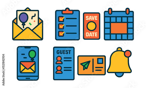 Flat vector icons of party invitations and RSVP: envelope with invitation, RSVP checklist, save the date card, calendar reminder, digital invite app, guest list, reply postcard, event notification