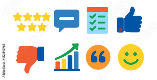 Flat vector icons of event feedback and reviews: star rating, comment bubble, survey form, thumbs up, thumbs down, feedback chart, testimonial quote, satisfaction smiley.