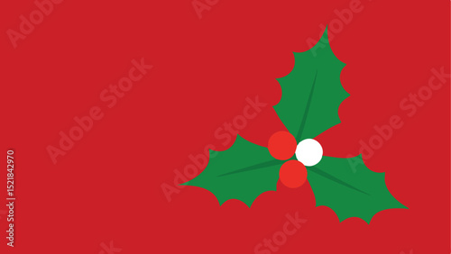 Festive christmas holly sprig with berries and leaves on a red background