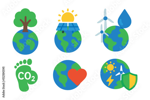Flat vector icons of Earth day and sustainability: globe with tree, solar panels on Earth, wind turbines around globe, water drop over globe, carbon footprint icon, globe with heart, globe with