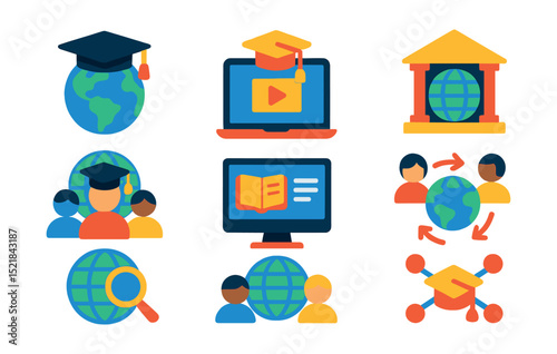 Flat vector icons of global education: globe with graduation cap, online learning, global students, world university, e-learning platform, international exchange, global research, education network.