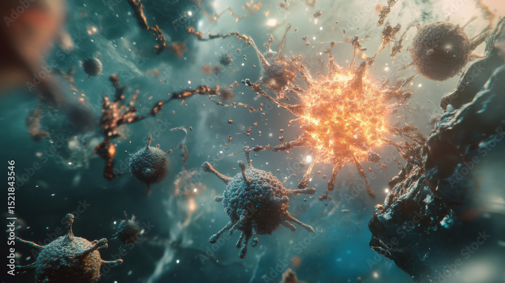 Fototapeta premium Cellular battle scene with virus and immune forces, immune metaphor for natural disease resistance 