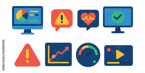 Flat vector icons of real-time monitoring: dashboard with live data, alert notifications, heartbeat monitor, system status, error warning, performance graph, uptime meter, live feed.