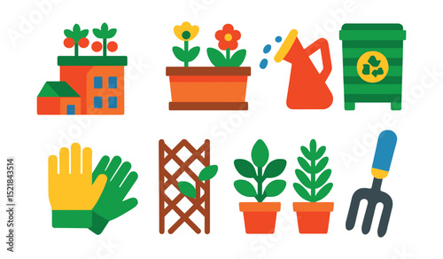Flat vector icons of urban gardening: rooftop garden, planter box, watering can, compost bin, garden gloves, trellis, herb plants, garden fork.