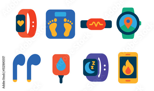 Flat vector icons of smart fitness gadgets: fitness tracker, smart scale, heart rate monitor, GPS watch, wireless earbuds, hydration sensor, sleep tracker, calorie counter.