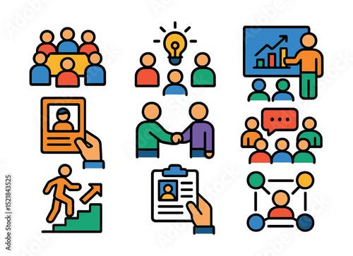Flat vector line icons of office teamwork: group meeting, brainstorming session, leader presenting, HR recruitment, employee handshake, team discussion, career ladder, CV review, workgroup