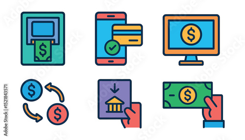 Flat vector line icons of banking and transactions: ATM machine, mobile payment, online banking, cheque, money transfer, deposit slip, withdrawal, currency notes.