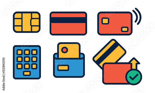Flat vector line icons of credit and debit cards: card chip, magnetic stripe, contactless payment, card swipe, PIN pad, card holder, credit limit, transaction approval.
