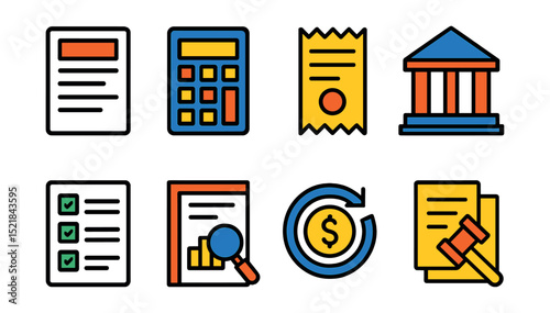 Flat vector line icons of tax and compliance: tax form, calculator, receipt, IRS building, compliance checklist, audit report, tax refund, legal documents.