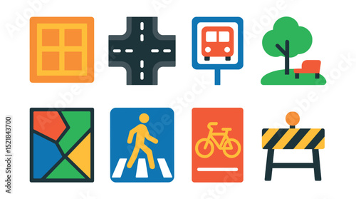 Flat vector icons of urban planning and infrastructure: city grid, road network, public transport stop, park area, zoning map, pedestrian crossing, bike lane, construction zone.