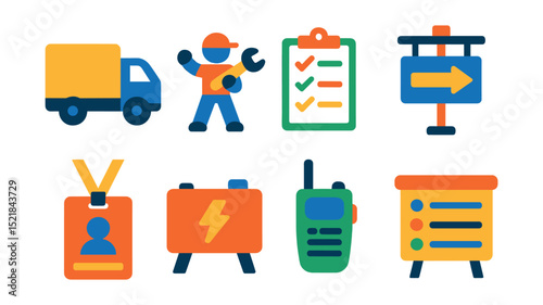 Flat vector icons of event logistics: delivery truck, setup crew, checklist clipboard, event signage, security badge, power generator, walkie talkie, schedule board.