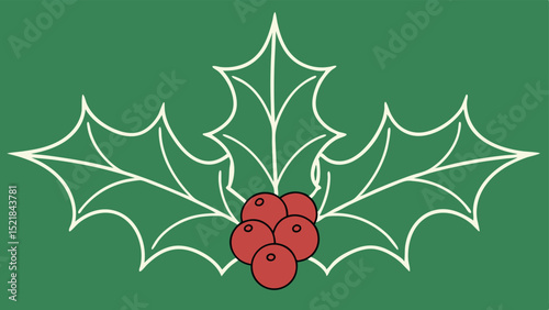 Festive holly with red berries decorative element in clean minimalist line style