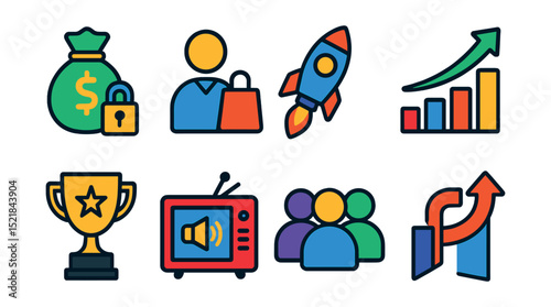 Flat vector icons of startup success and milestones: funding secured, first customer, product launch, market share growth, awards trophy, media coverage, scaling team, exit strategy.