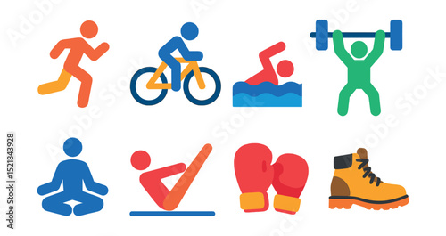 Flat vector icons of fitness activities: running, cycling, swimming, weightlifting, yoga pose, pilates, boxing gloves, hiking boots.