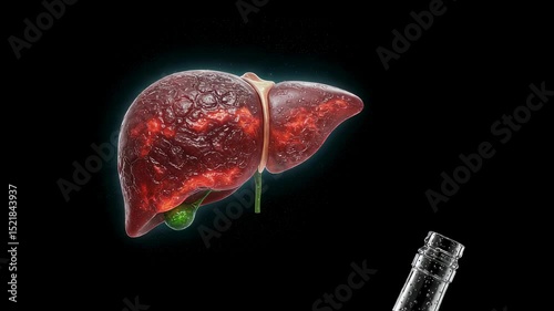 Human liver affected by alcohol. Concept shows the damage and disease from drinking alcohol. Medical and health care animation.