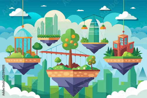 Brightly illustrated flowers and birds bring a natural, green energy to the urban landscape with whimsical houses and trees under a sunny sky