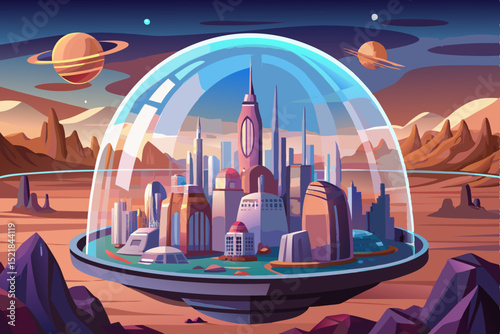 UFOs hover above a fantasy city skyline and a serene sea, blending urban architecture with a mysterious sky and distant moonlit landscape