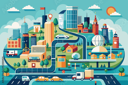 Seamless cartoon vector illustration of a bustling urban street with cars and diverse city transport