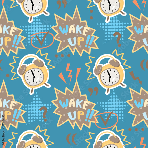 Wake Up seamless pattern with alarm clock. Pop art style background with punctuation marks, footnote for text, textures, hand written, notebook sheets with torn edges. Vector cartoon illustration.