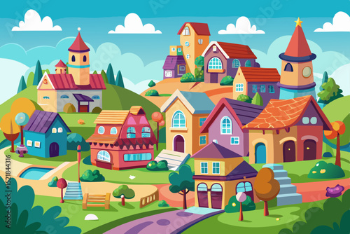 Here's a vectorized cartoon castle with a tower and flag, illustrating a fantasy medieval town on a hill