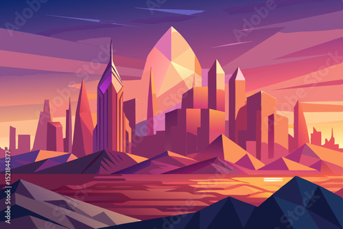 Winter mountain vector landscape illustration with urban city skyline and sun