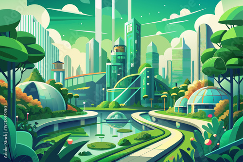 Urban landscape vector illustration of a city road with buildings and trees under a green sky, depicting a modern eco-friendly town