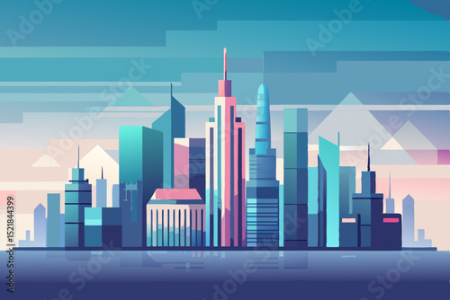 Abstract urban skyline illustration with towering skyscrapers and modern city architecture
