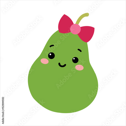 Cute Cartoon Green Pear with Pink Bow Illustration