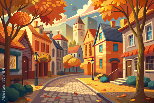 Old European architecture lines a city street, adorned with autumn trees and glowing under the night sky