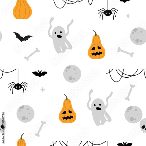 Cute spooky Halloween themed vector seamless pattern design with carved pumpkin, bats, black cat, witchy hat, skull illustration in cartoon retro groovy funky style for wrapping paper, background