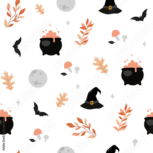 Cute spooky Halloween themed vector seamless pattern design with carved pumpkin, bats, black cat, witchy hat, skull illustration in cartoon retro groovy funky style for wrapping paper, background