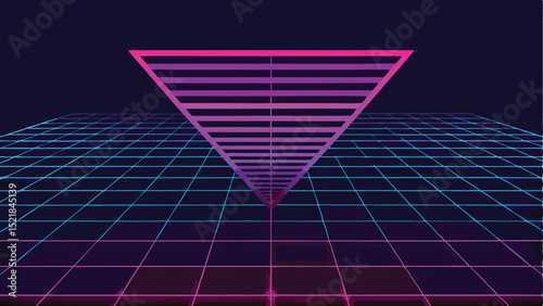 Futuristic neon grid with a glowing geometric triangle for retro inspired designs