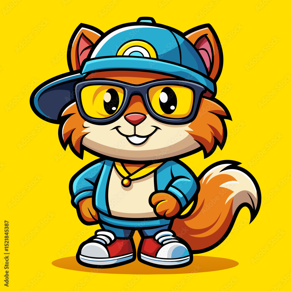 Naklejka premium Cool Squirrel Vector – Funny Cartoon Animal Wearing Hat and Sneakers