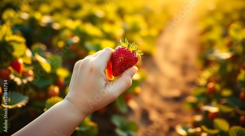 A child's hand holding a strawberry in farm, space for copy