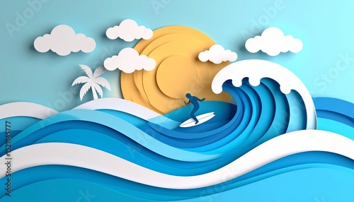 papercut waves surfer on the wave, sky sun